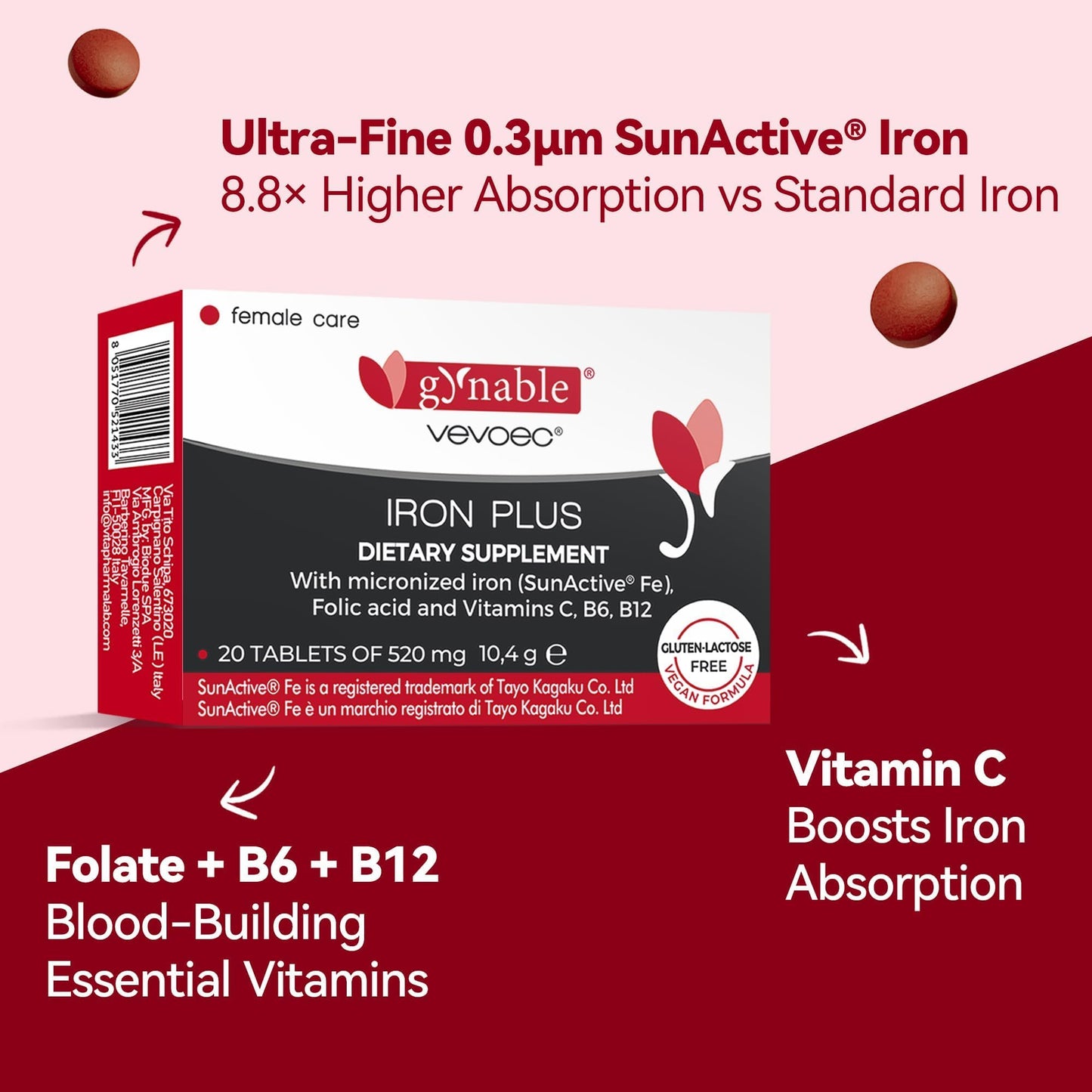 Gentle Iron Plus for Women – 18 mg Slow-Release Iron, Folic Acid, B12, Vitamin C & B6 | 20 Tablets