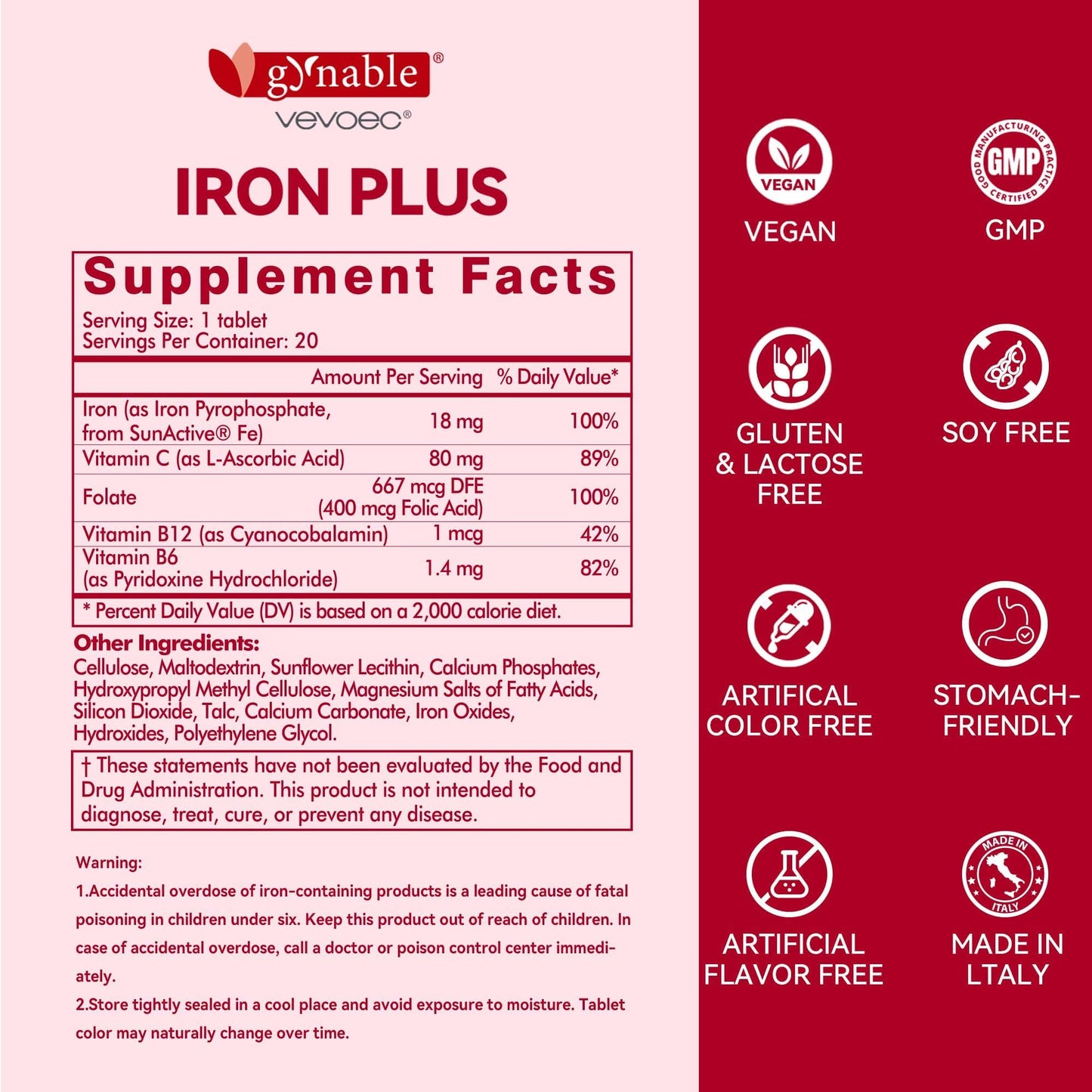 Gentle Iron Plus for Women – 18 mg Slow-Release Iron, Folic Acid, B12, Vitamin C & B6 | 20 Tablets