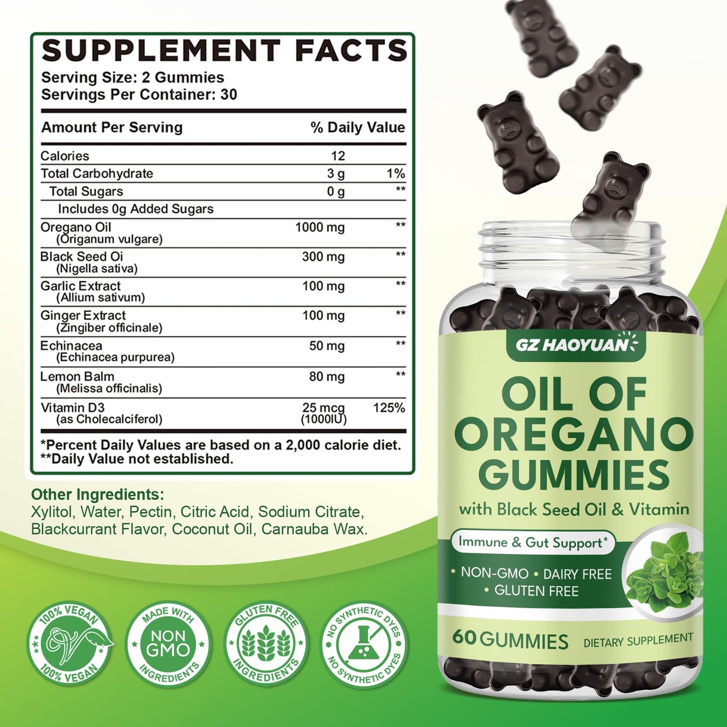 GZ HAOYUAN Oregano Gummies with Black Seed Oil & Vitamin D3
