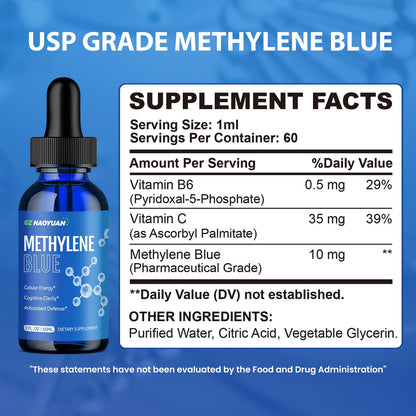 GZ HAOYUAN Methylene Blue Drops 1% USP Grade – Brain Health & Cellular Metabolism (2 fl oz)