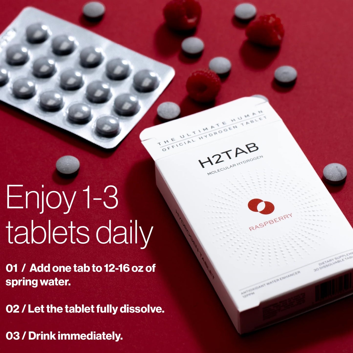 H2TAB Hydrogen Tablets – 12 PPM Molecular Hydrogen for Drinking Water (30 Count, Raspberry) – Antioxidants, Cellular Health & Recovery