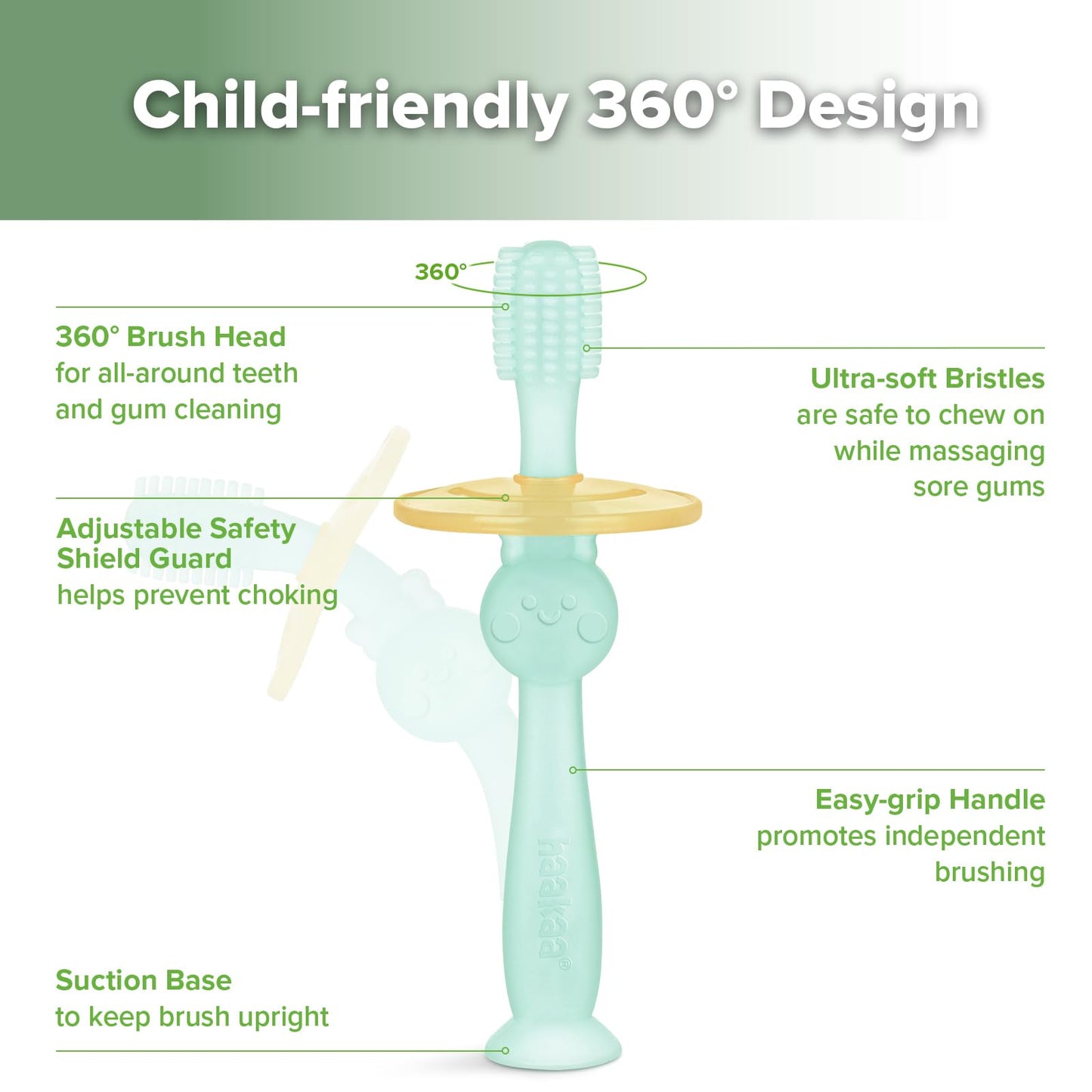 Haakaa 360 Food Grade Silicone Baby Toothbrush - 6M+ with Shield & Base Design, 1pc (Blue)