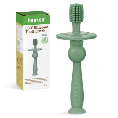 Haakaa 360° Baby Toothbrush with Suction Base - Jade, 360° Cleaning & Food-Grade Silicone