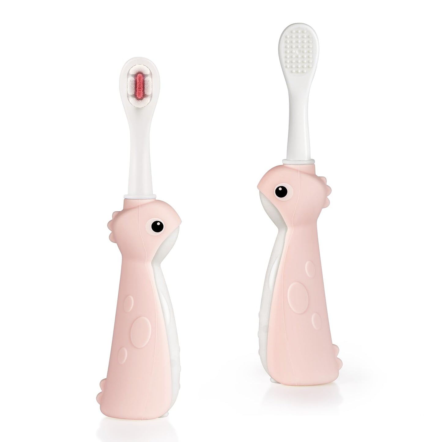 Haakaa Dinosaur Toothbrush for Kids 2-4 (Pink) – Soft Bristles, Silicone Handle, BPA-Free, 2 Count
