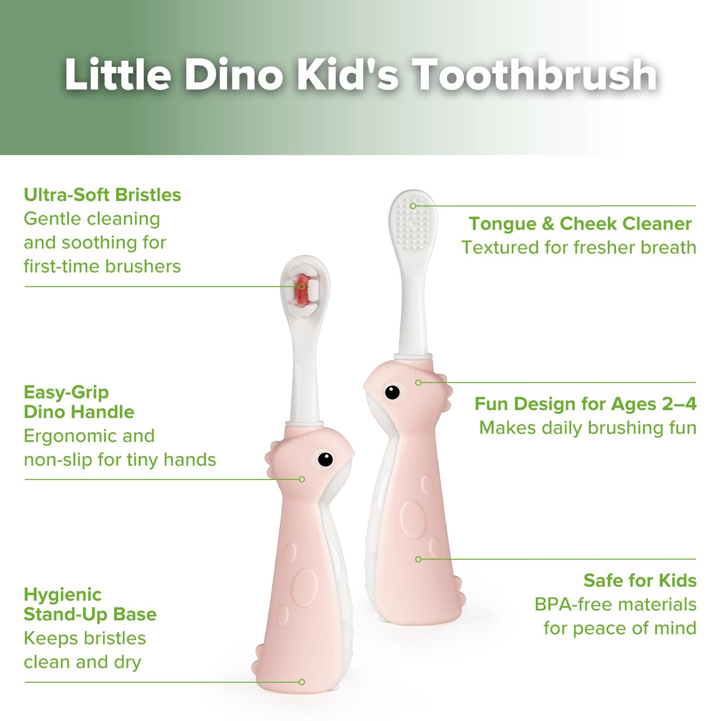 Haakaa Dinosaur Toothbrush for Kids 2-4 (Pink) – Soft Bristles, Silicone Handle, BPA-Free, 2 Count