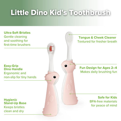 Haakaa Dinosaur Toothbrush for Kids 2-4 – Soft Bristles, Silicone Handle, Non-Slip Grip & Tongue Cleaner | BPA-Free, Pink - 1 Count