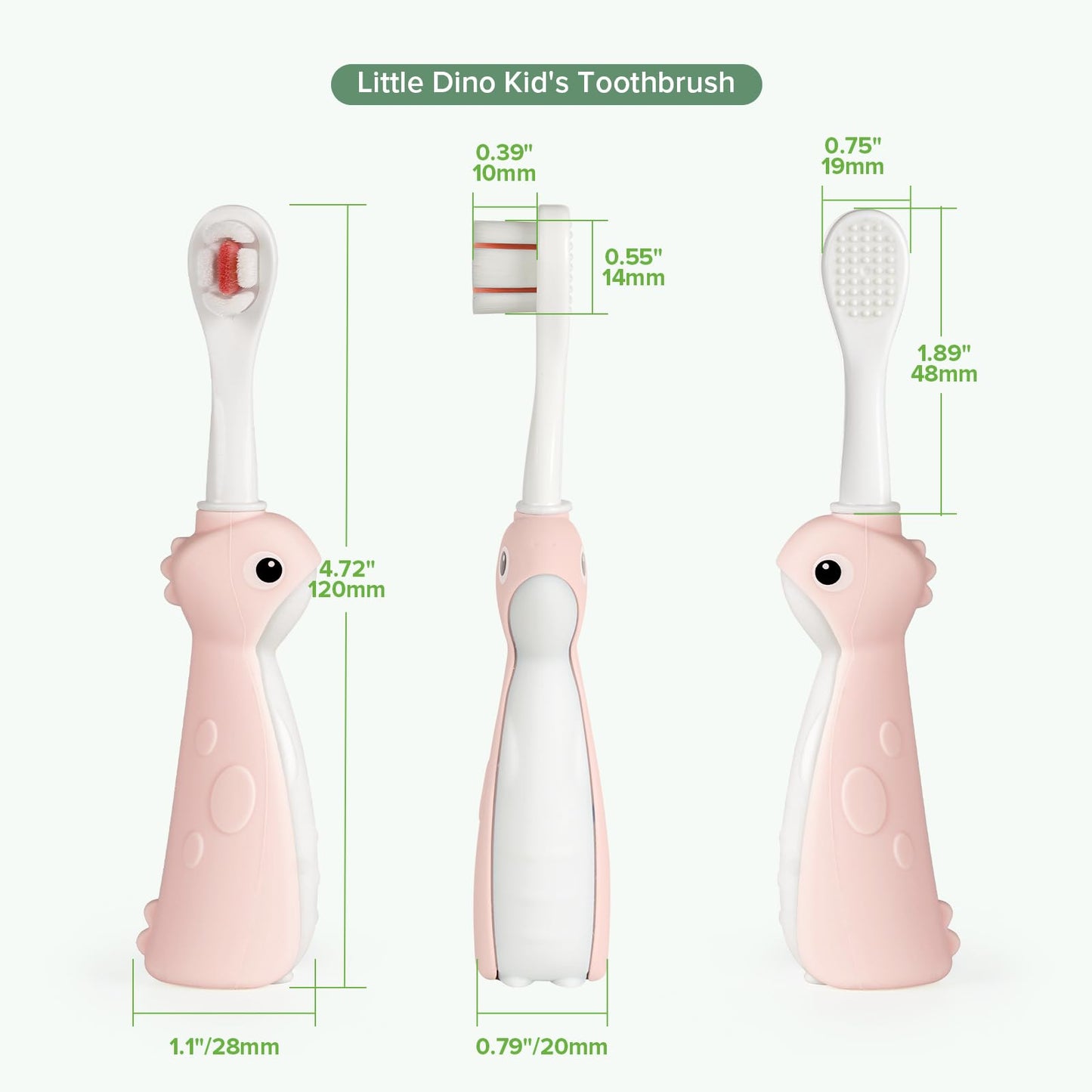 Haakaa Dinosaur Toothbrush for Kids 2-4 – Soft Bristles, Silicone Handle, Non-Slip Grip & Tongue Cleaner | BPA-Free, Pink - 1 Count