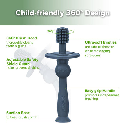 Haakaa 360° Baby Toothbrush with Suction Base – Gentle Cleaning for Infants, Steel Blue (1 Piece)