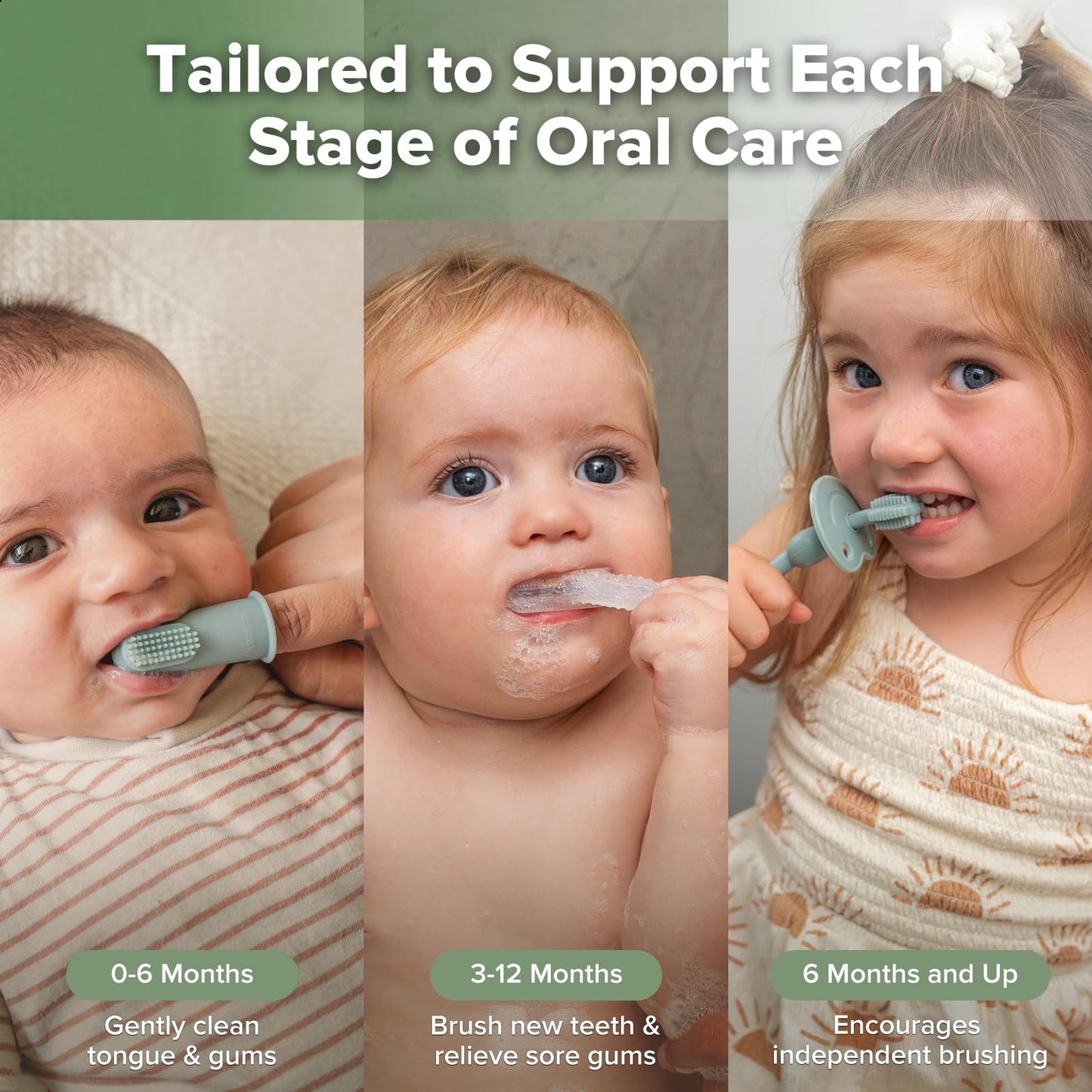 haakaa Training Toothbrush Set - Soft Silicone Baby Toothbrush Kit (Pea Green)