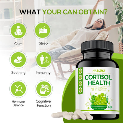 HABIZIYA Cortisol Support Supplement - 15-in-1 Hormone Balance (60 Capsules) with Magnesium Glycinate, L-Theanine, Ashwagandha
