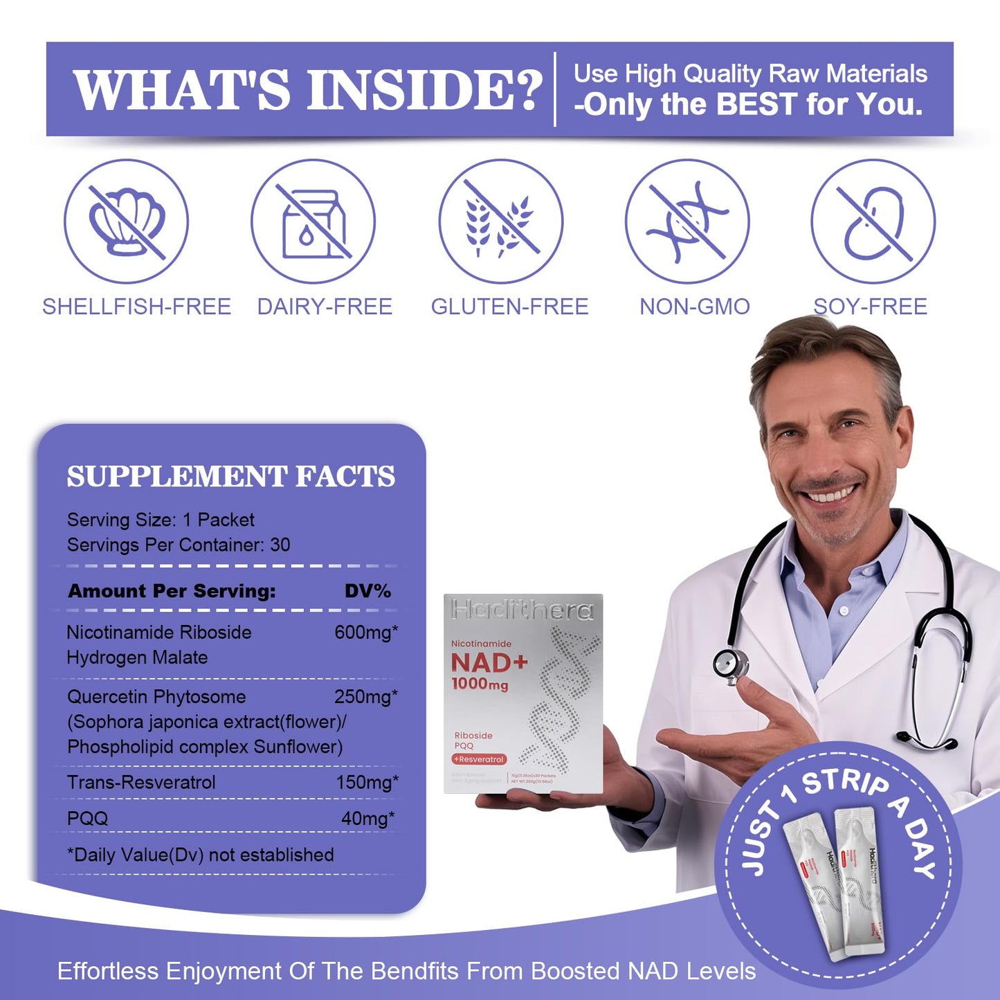 Haditheran NAD 1000mg Supplement – NR, PQQ & Resveratrol for Longevity & Energy (30 Packets)