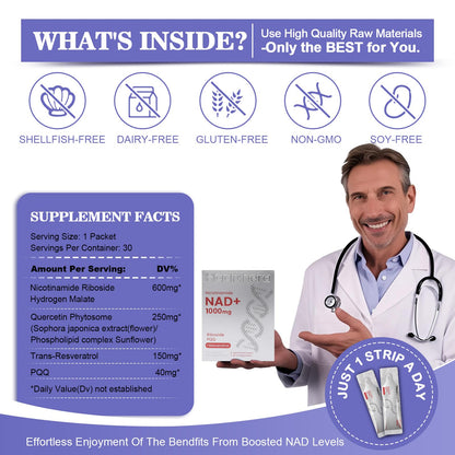 Haditheran NAD 1000mg Supplement – NR, PQQ & Resveratrol for Longevity & Energy (30 Packets)