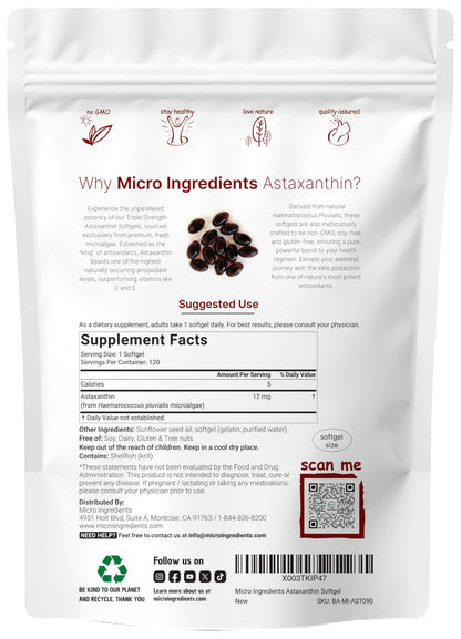 Micro Ingredients Astaxanthin 12mg – 120 Softgels (4 Month Supply) – Non-GMO, Soy Free