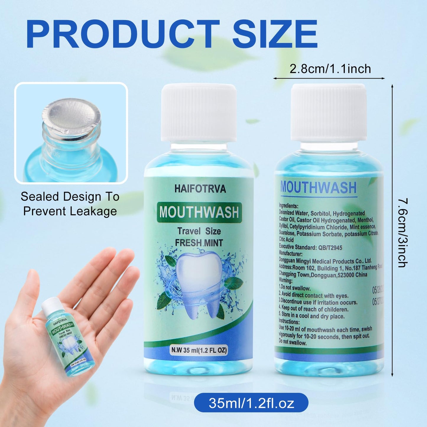 HAIFOTRVA 10 Pcs Mini Mouthwash Travel Size - Mint Flavor 35ml/1.2oz | Portable Oral Rinse for Travel, Office & Bags
