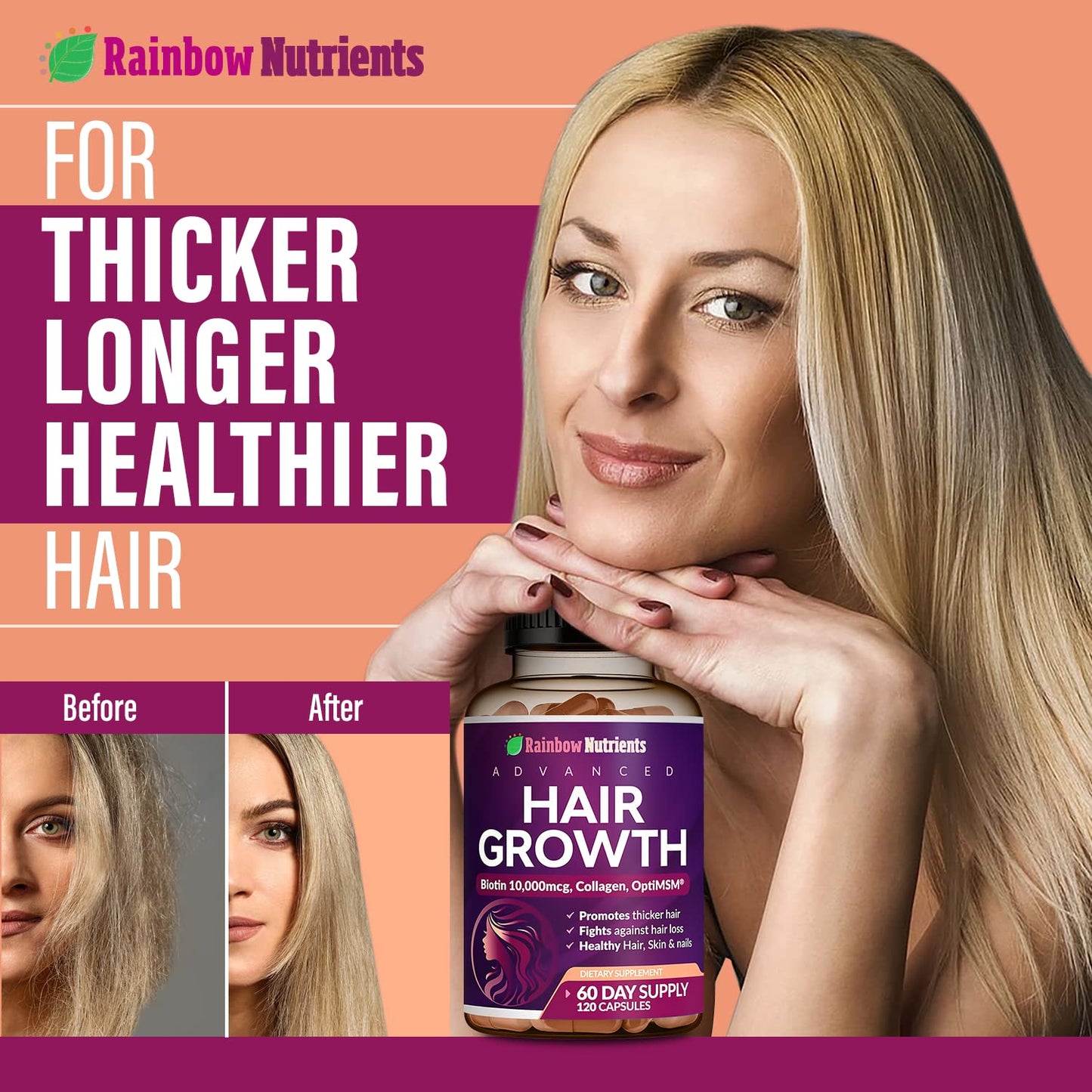 Hair Growth Vitamins for Women - Biotin 10,000mcg, Collagen, OptiMSM | Rainbow Nutrients