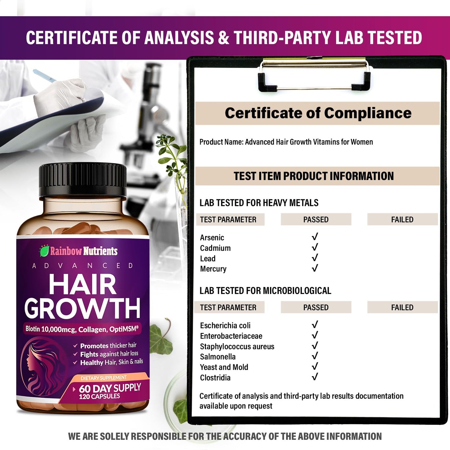 Hair Growth Vitamins for Women - Biotin 10,000mcg, Collagen, OptiMSM | Rainbow Nutrients