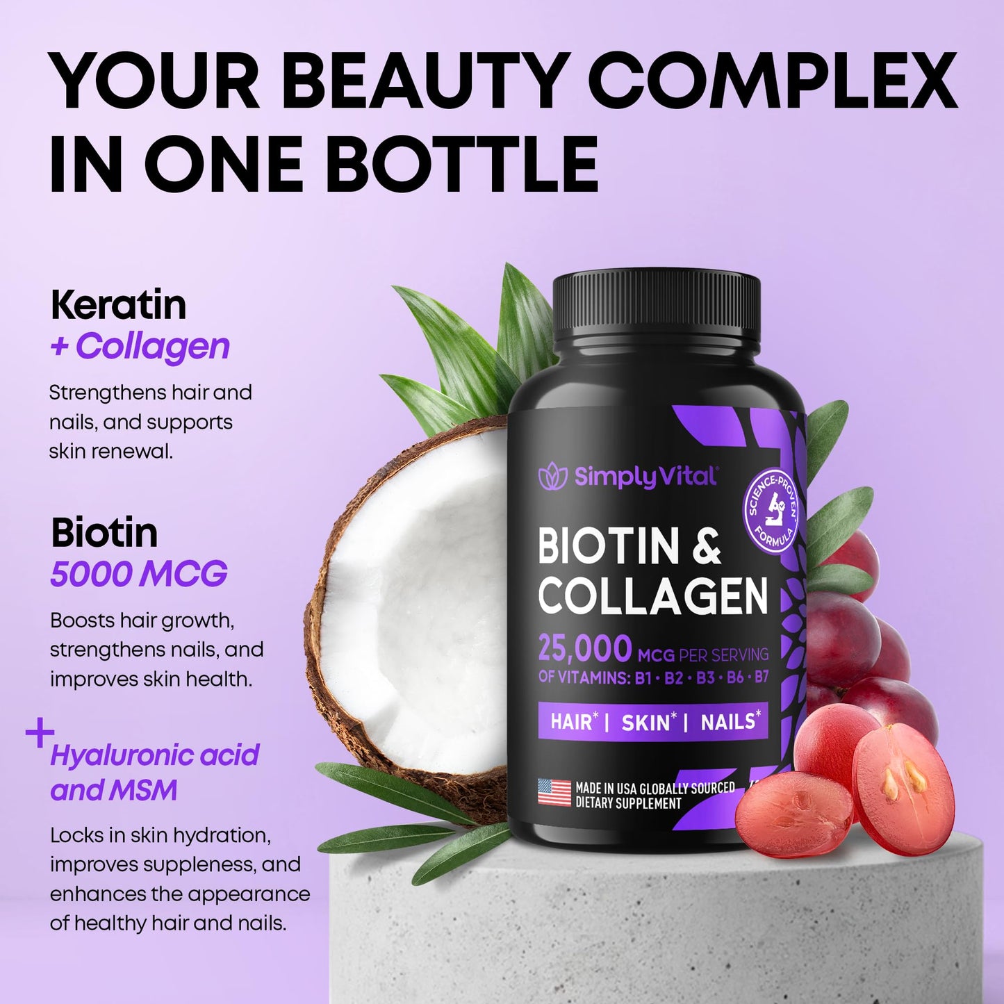 Biotin & Collagen with Keratin – 25000 mcg, Hair Skin Nails – 60 Capsules – Made in USA