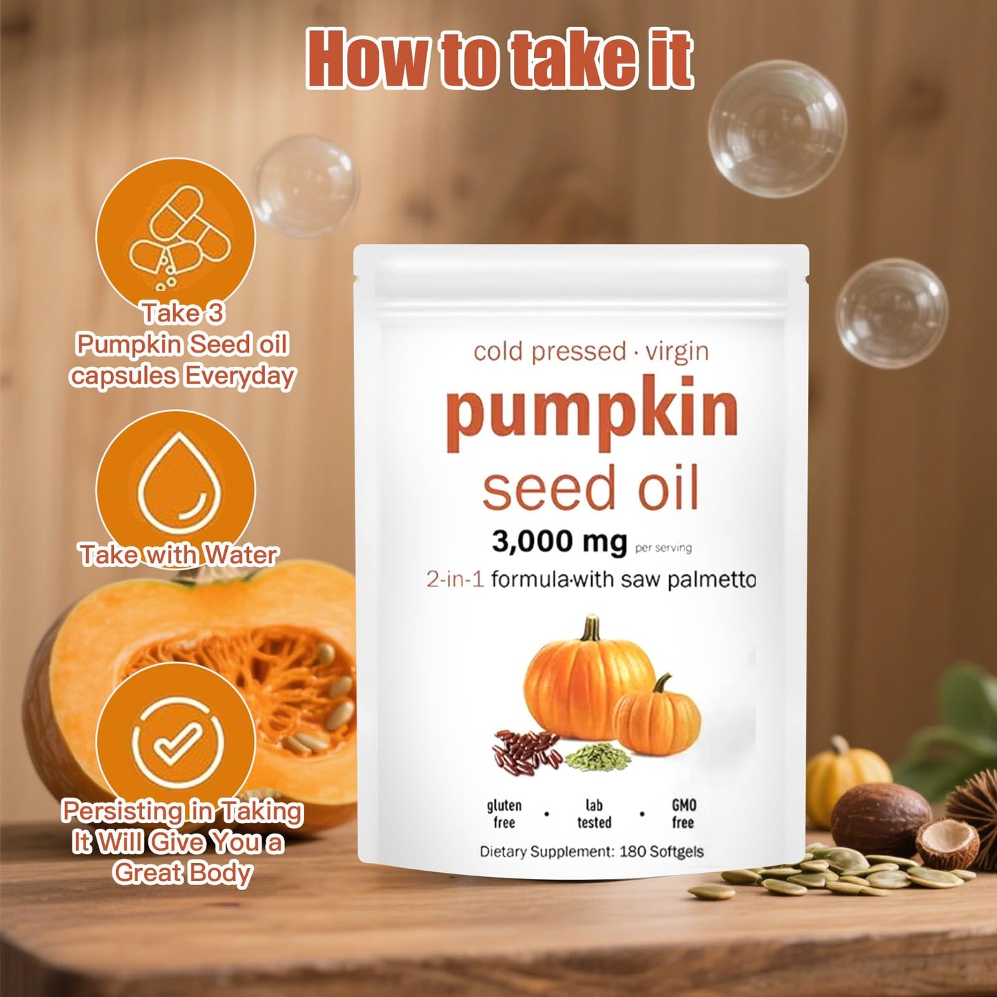 Pumpkin Seed Oil 2-in-1 with Saw Palmetto – 180 Softgels (3000mg per serving) – Prostate, Urinary & Hair Health | Non-GMO