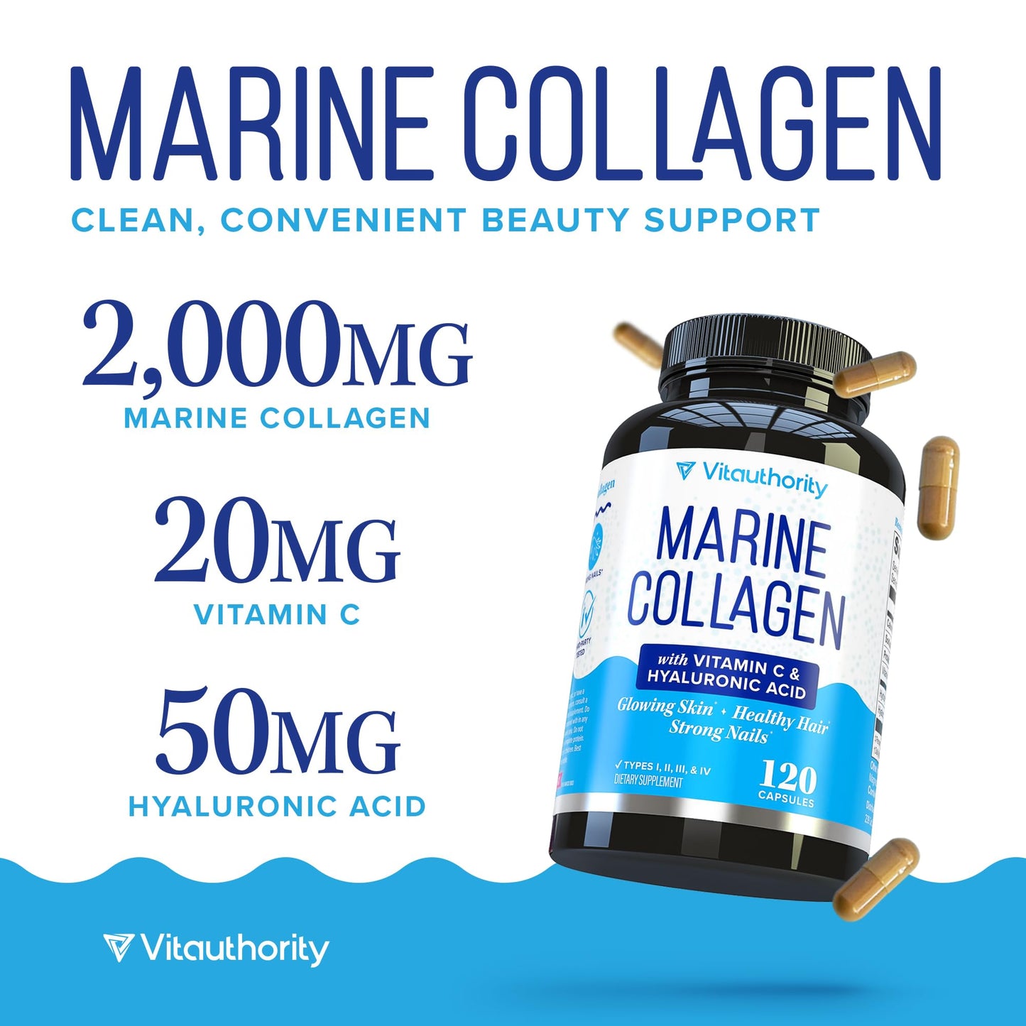 Marine Collagen Capsules with Hyaluronic Acid & Vitamin C | 2,000mg per Serving