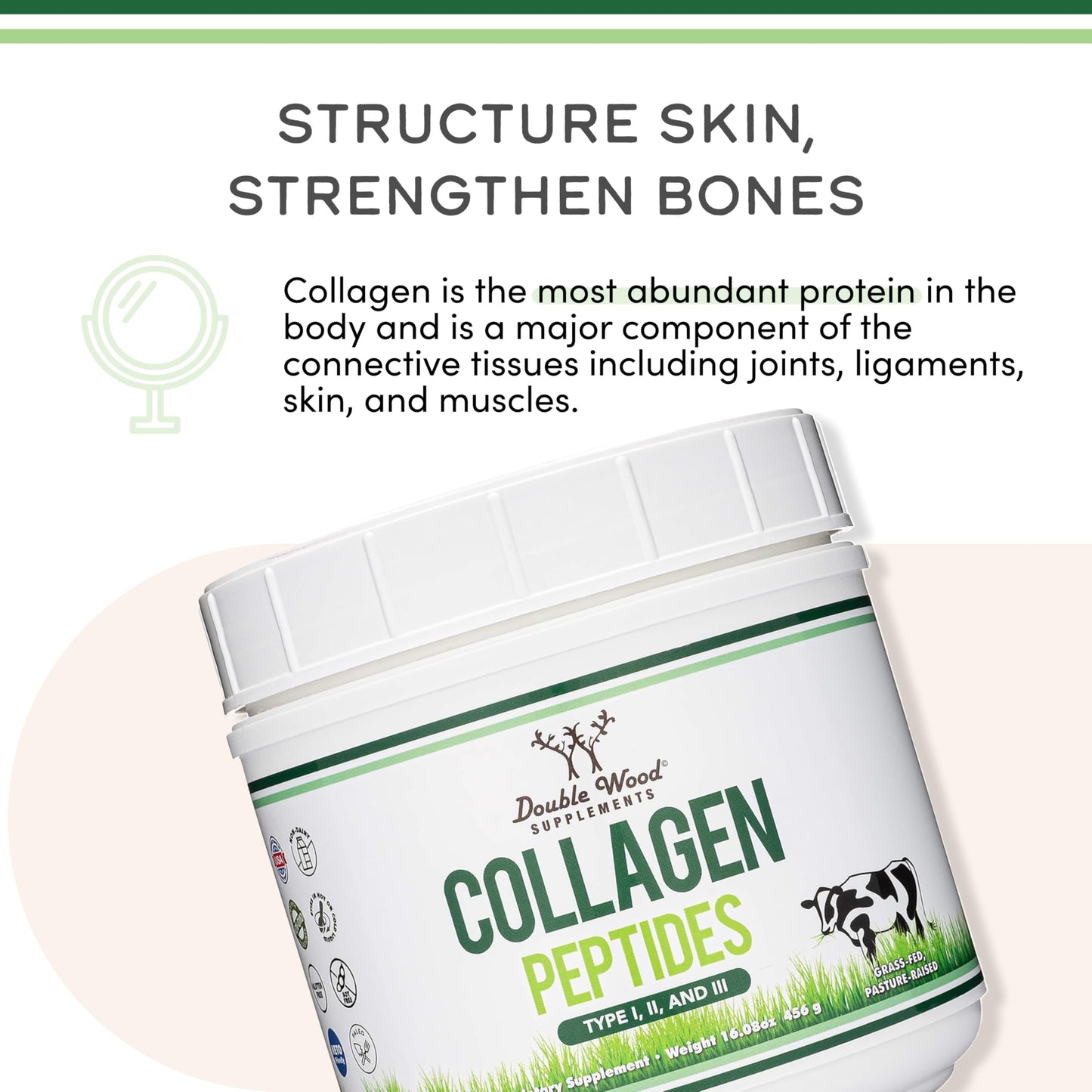 Collagen Peptides Powder - Hydrolyzed Multi-Type I/II/III | Grass-Fed Bovine | 16.08oz | Double Wood