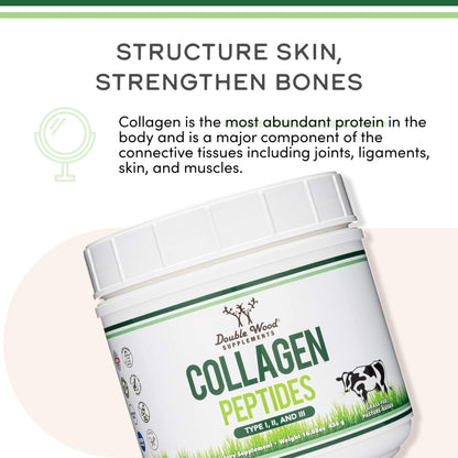 Collagen Peptides Powder - Hydrolyzed Multi-Type I/II/III | Grass-Fed Bovine | 16.08oz | Double Wood