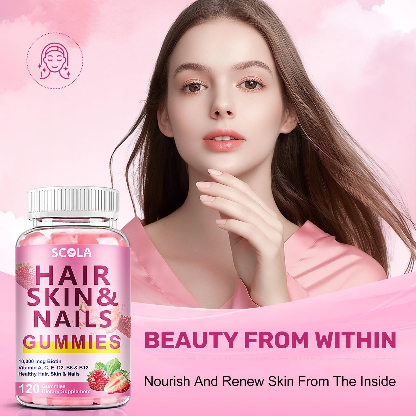 Hair Skin & Nails Gummies with 10,000mcg Biotin – Vitamin Supplement for Hair, Nails & Skin (240 Count)