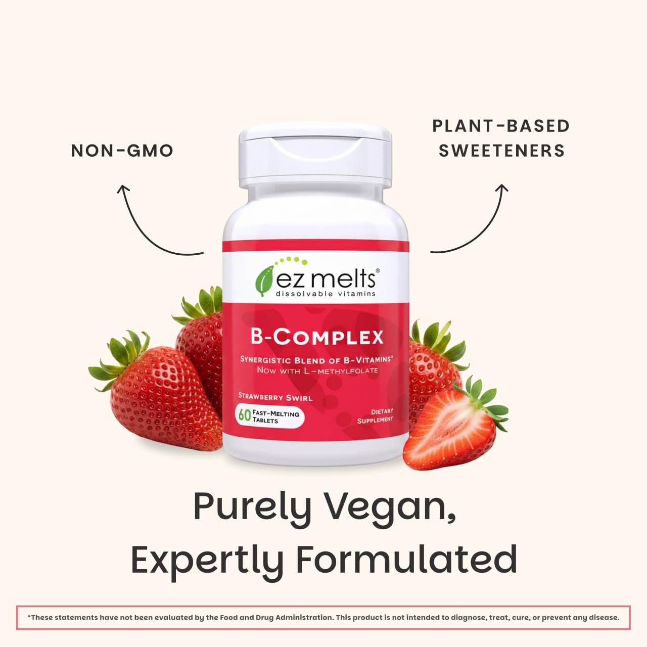 EZ Melts Dissolvable B-Complex – Vitamin B Complex for Energy Metabolism & Heart Health (Methylated B12 & Folate) – Non-GMO & Vegan – Strawberry Swirl – 60 Tablets