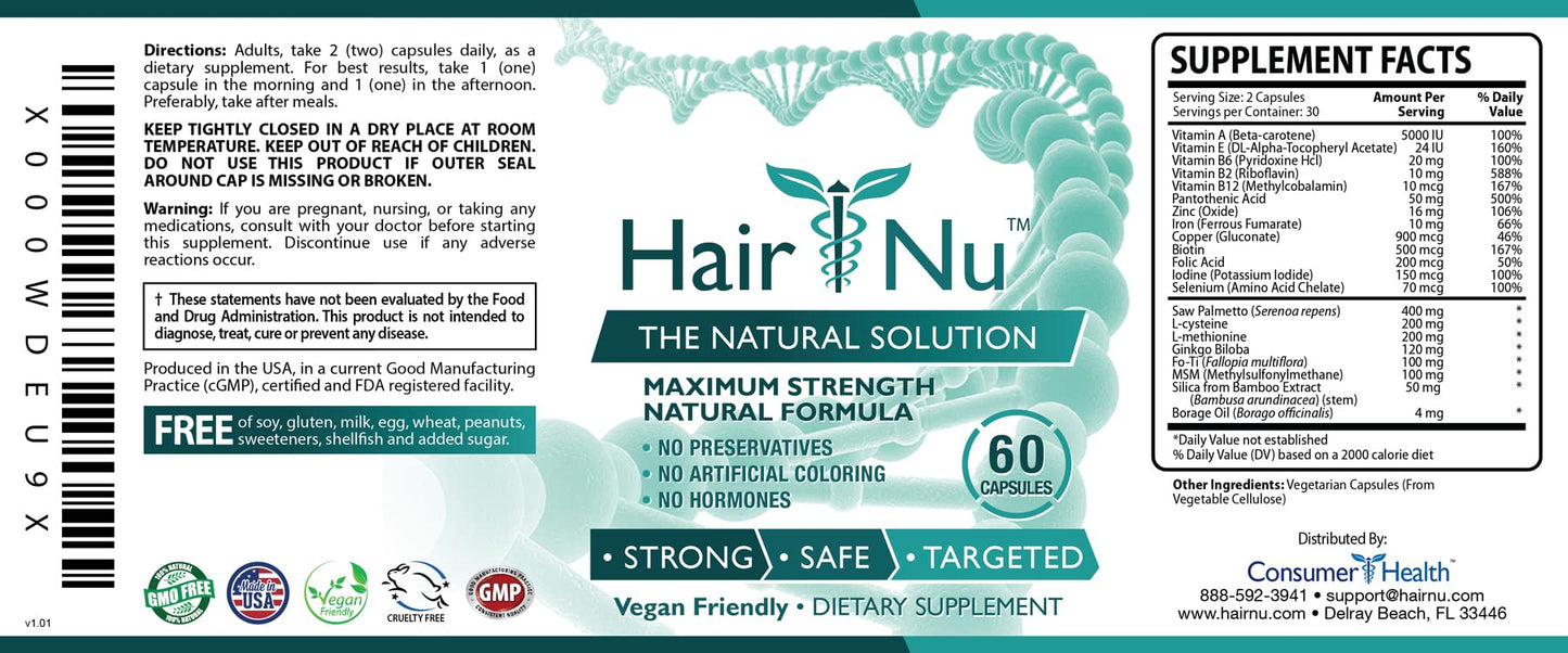 HairNu Natural Hair Growth Solution – 60 Capsules (1 Bottle)