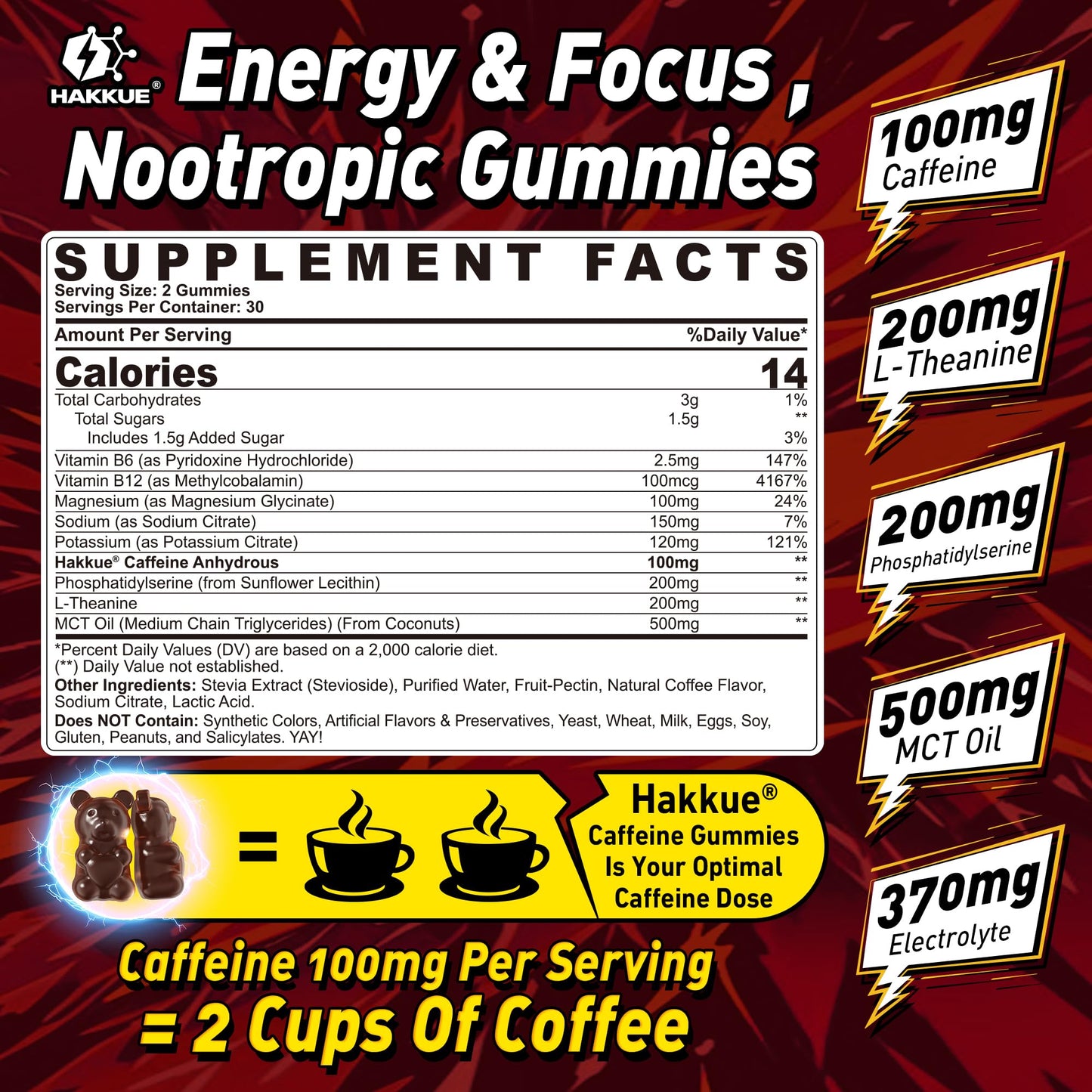 Energy Focus Gummies by Hakkue - 100mg Caffeine, L-Theanine, No Lag (60 ct) Coffee Flavor