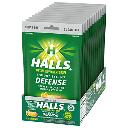 HALLS Defense Assorted Citrus Sugar Free Vitamin C Drops – 300 Drops, 12 Bags