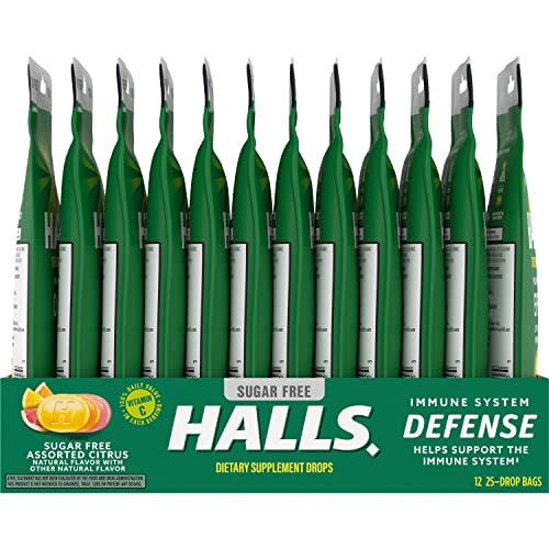 HALLS Defense Assorted Citrus Sugar Free Vitamin C Drops – 300 Drops, 12 Bags