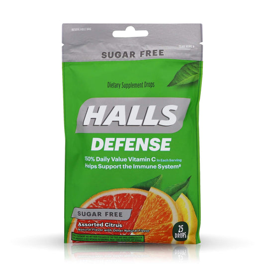Halls Defense Vitamin C Drops Sugar Free Assorted Citrus – 25 ct, Pack of 4