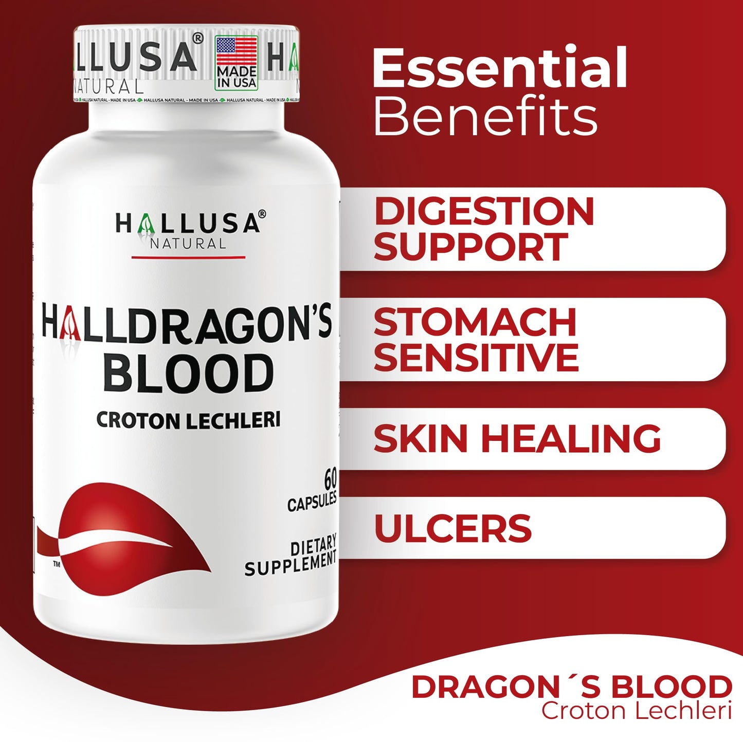 Hallusa Dragon's Blood 1000 mg Capsules – Croton Lechleri Digestive & Skin Support (60 Caps)