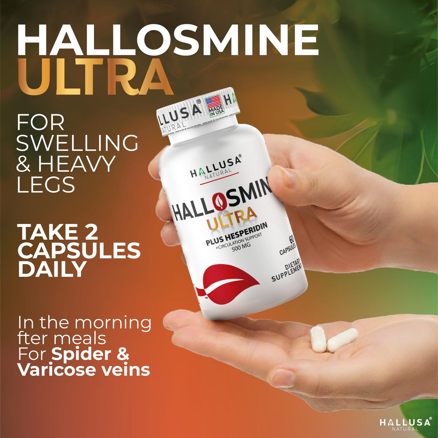 Hallusa Natural Hallosmine Ultra Diosmin 500mg & Hesperidin 150mg – Heavy Legs & Vein Support, 60 Caps