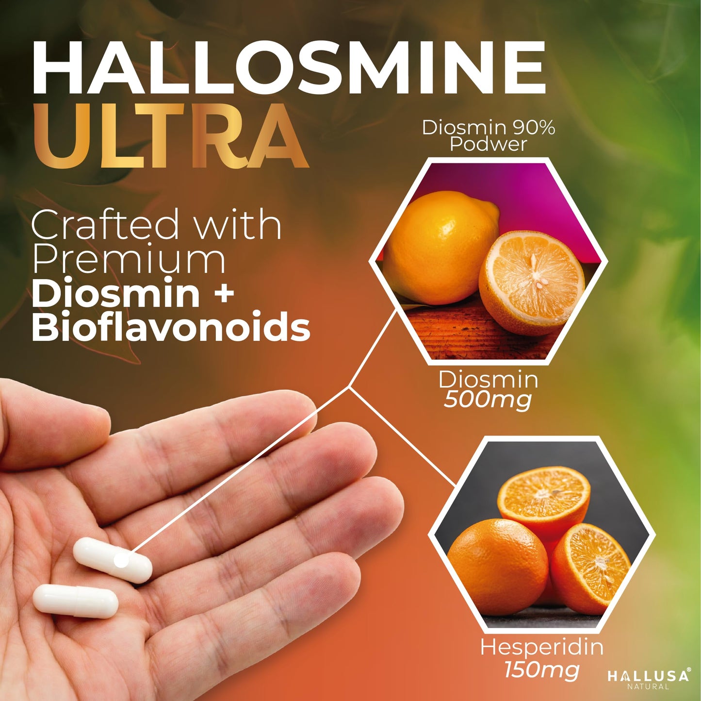 Hallusa Natural Hallosmine Ultra Diosmin 500mg & Hesperidin 150mg – Heavy Legs & Vein Support, 60 Caps
