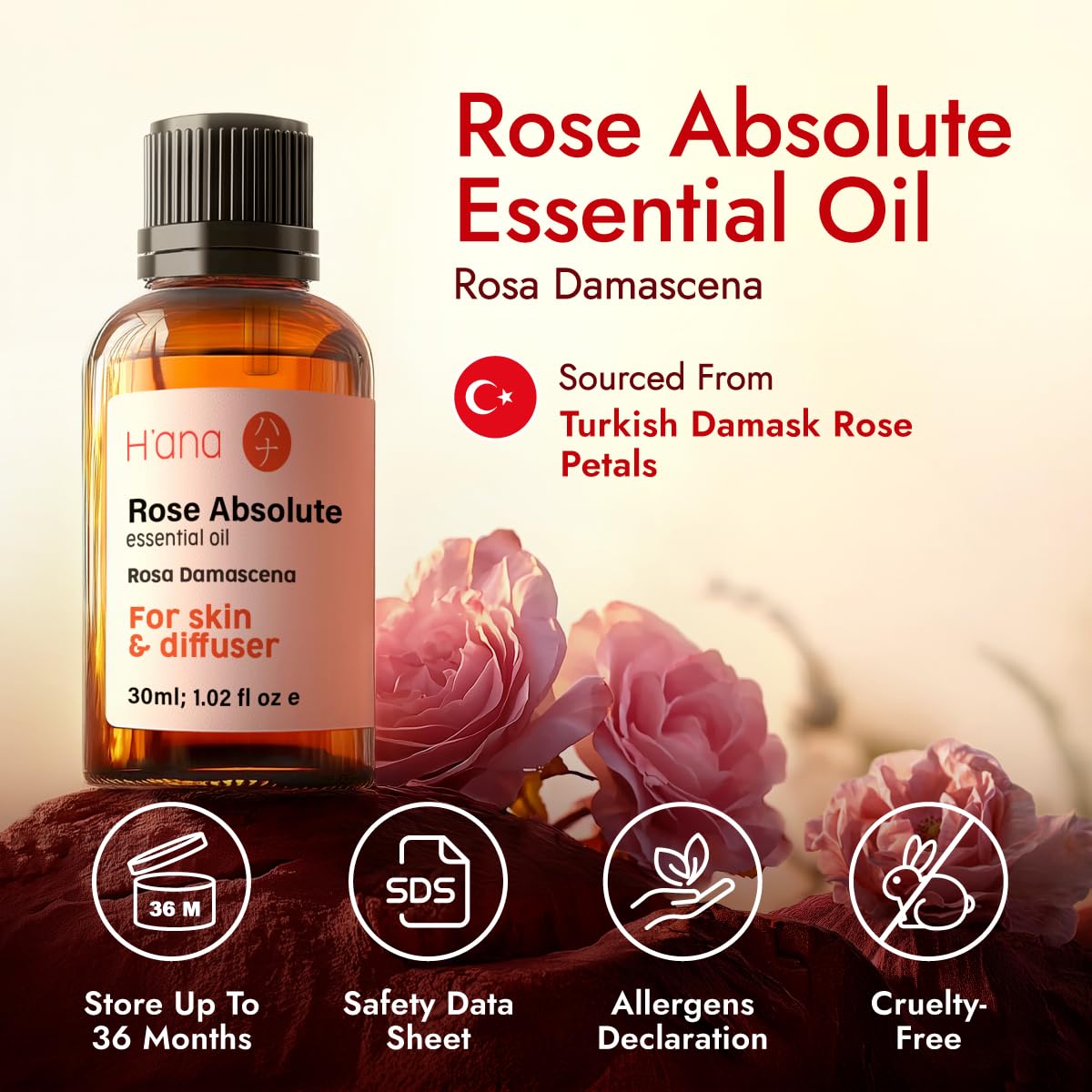 H'ana Rose Essential Oil – 1.02 Fl Oz for Hair, Skin, Diffuser & DIY
