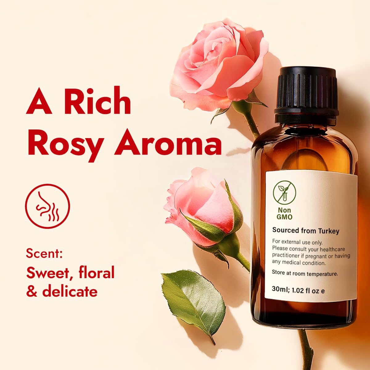 H'ana Rose Essential Oil – 1.02 Fl Oz for Hair, Skin, Diffuser & DIY