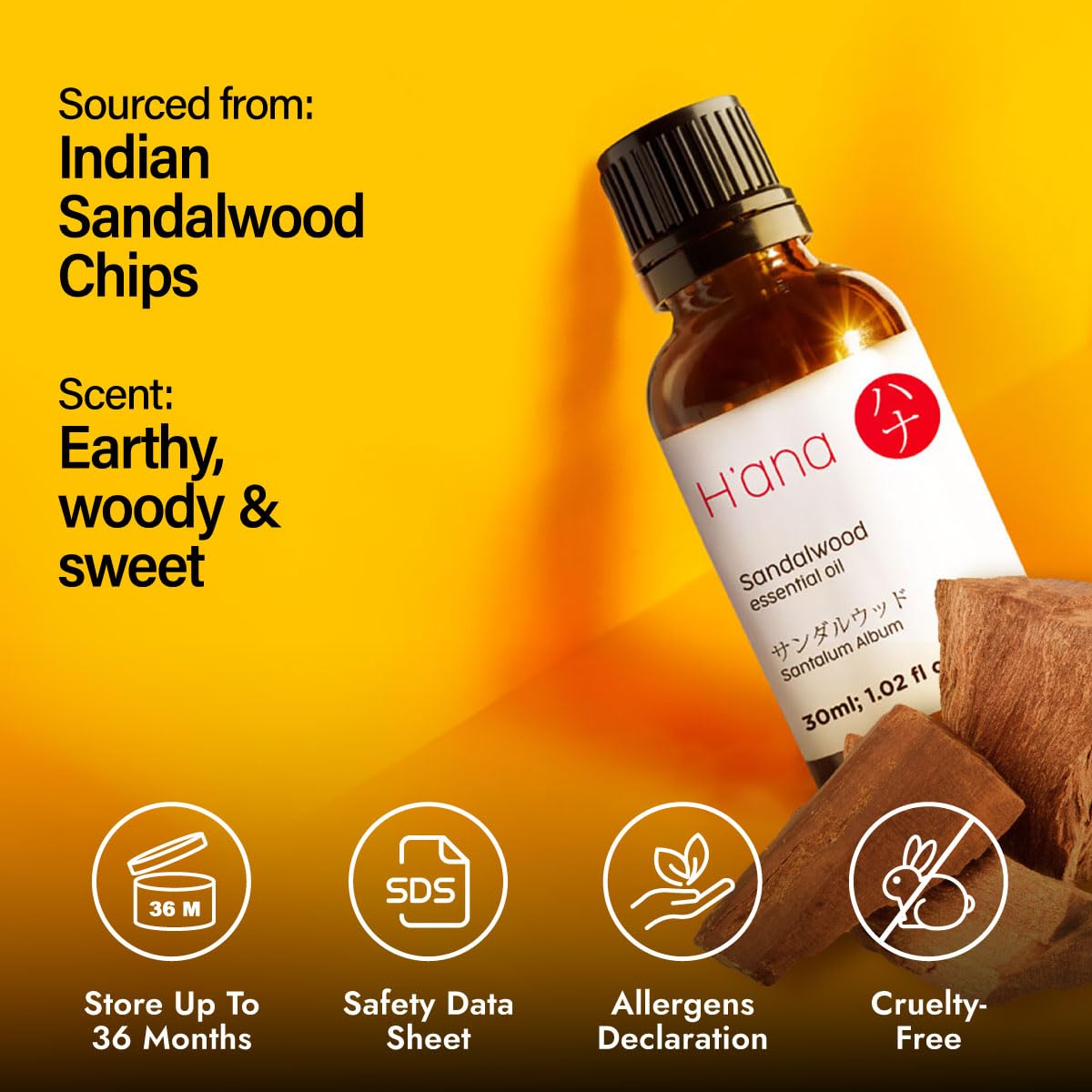 H'ana Sandalwood Essential Oil 1.02 Fl oz – Hair, Skin, Diffuser & DIY