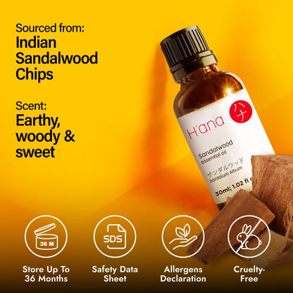 H'ana Sandalwood Essential Oil 1.02 Fl oz – Hair, Skin, Diffuser & DIY