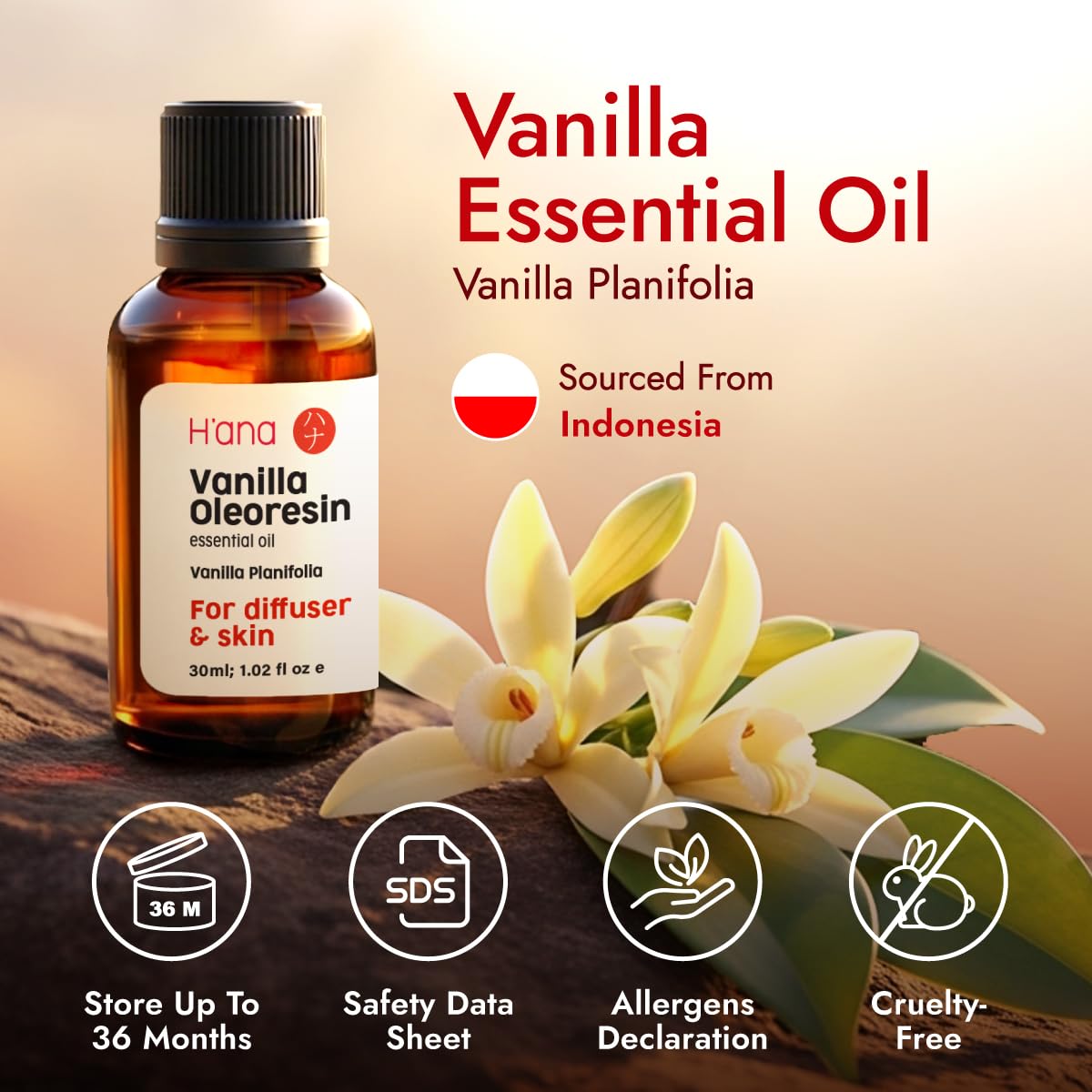 H'ana Vanilla Essential Oil - 1.02 Fl Oz | For Hair, Skin, Diffuser, Aromatherapy, DIY Candle & Soap Making