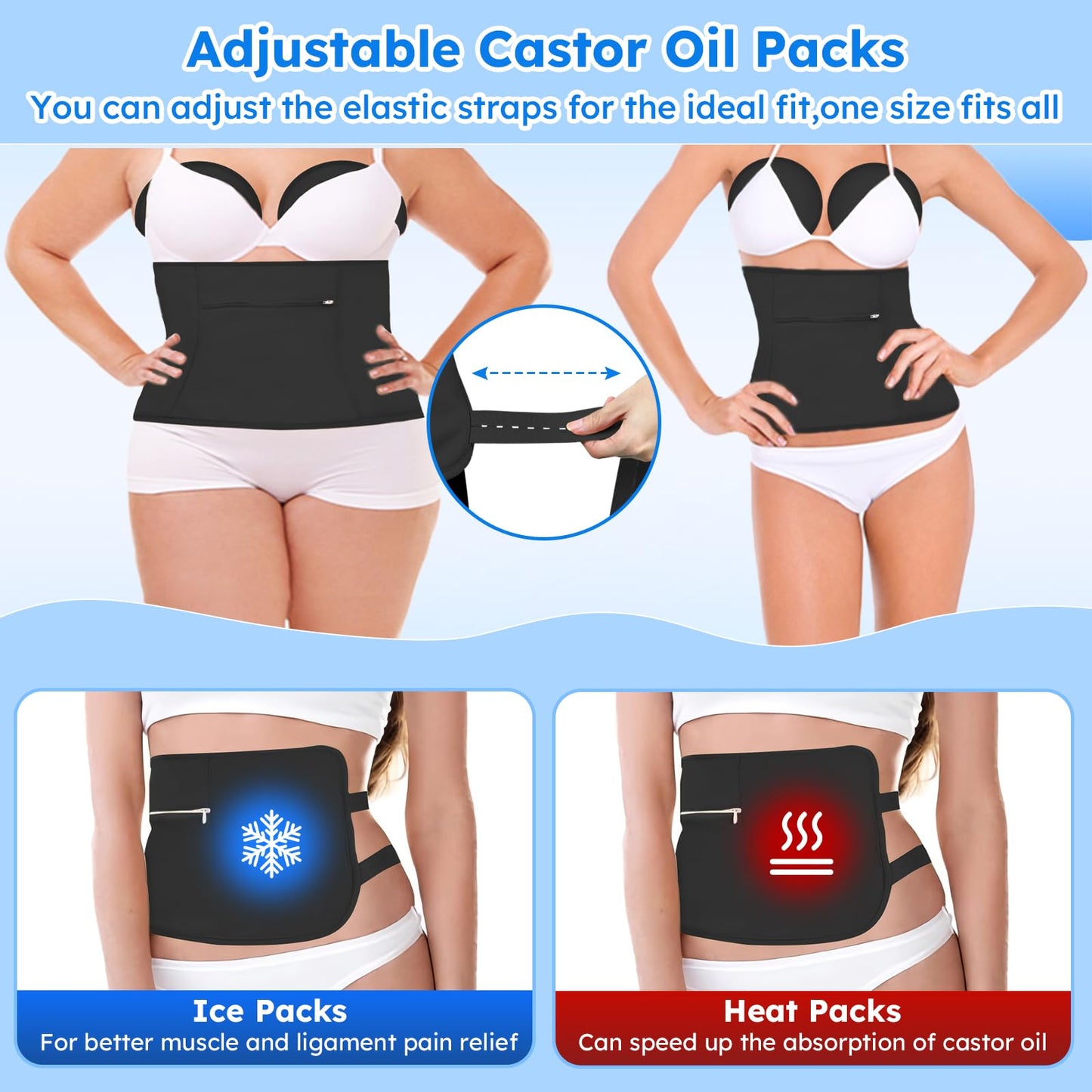 Castor Oil Pack Wrap Kit – 10 Pcs Reusable Organic Cotton with Adjustable Straps (Black)