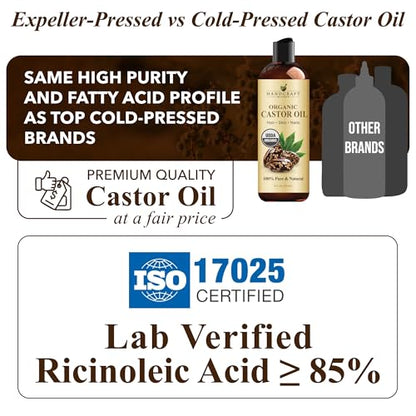 Handcraft Blends Organic Castor Oil 8 Fl Oz | 100% Pure and Natural | Premium Grade Carrier Oil | Hair, Eyelashes and Eyebrows | Hair and Body | Expeller-Pressed | Hexane-Free