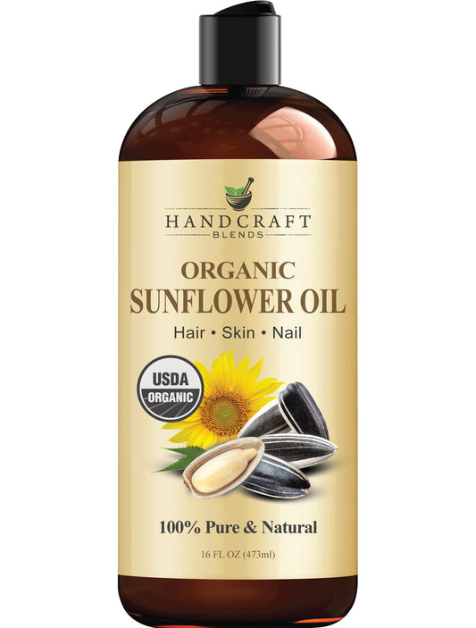 Handcraft Blends USDA Organic Sunflower Oil - Cold-Pressed 16 Oz - 100% Pure and Natural - Premium Grade Carrier Oil for Skin and Hair - Hair and Body - Massage - Hexane-Free