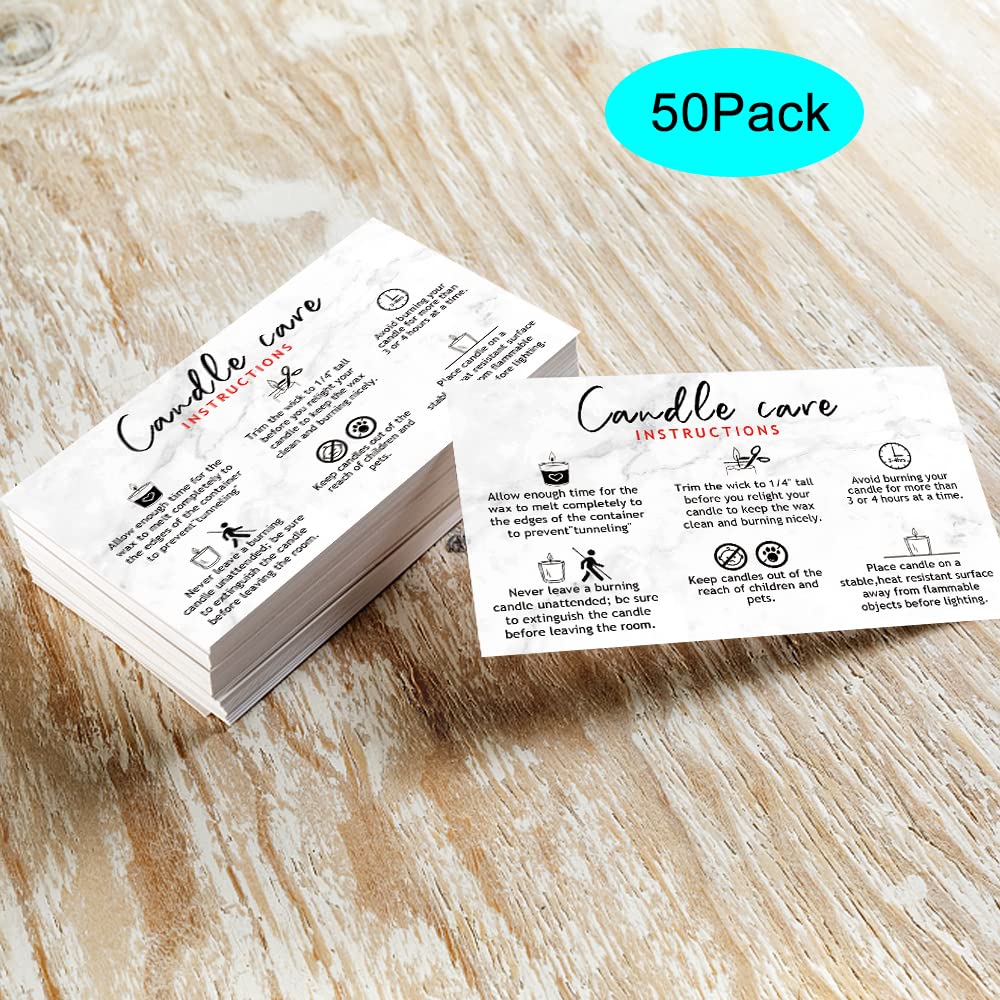 Handmade Candle Care Instruction Card - 50 Pack (3.5 x 2 in) Marble Look Design