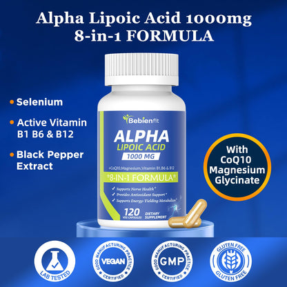Alpha Lipoic Acid 1000mg with Magnesium Glycinate – Neuropathy Support, CoQ10 & B Vitamins – Gluten-Free Vegan 120 Caps