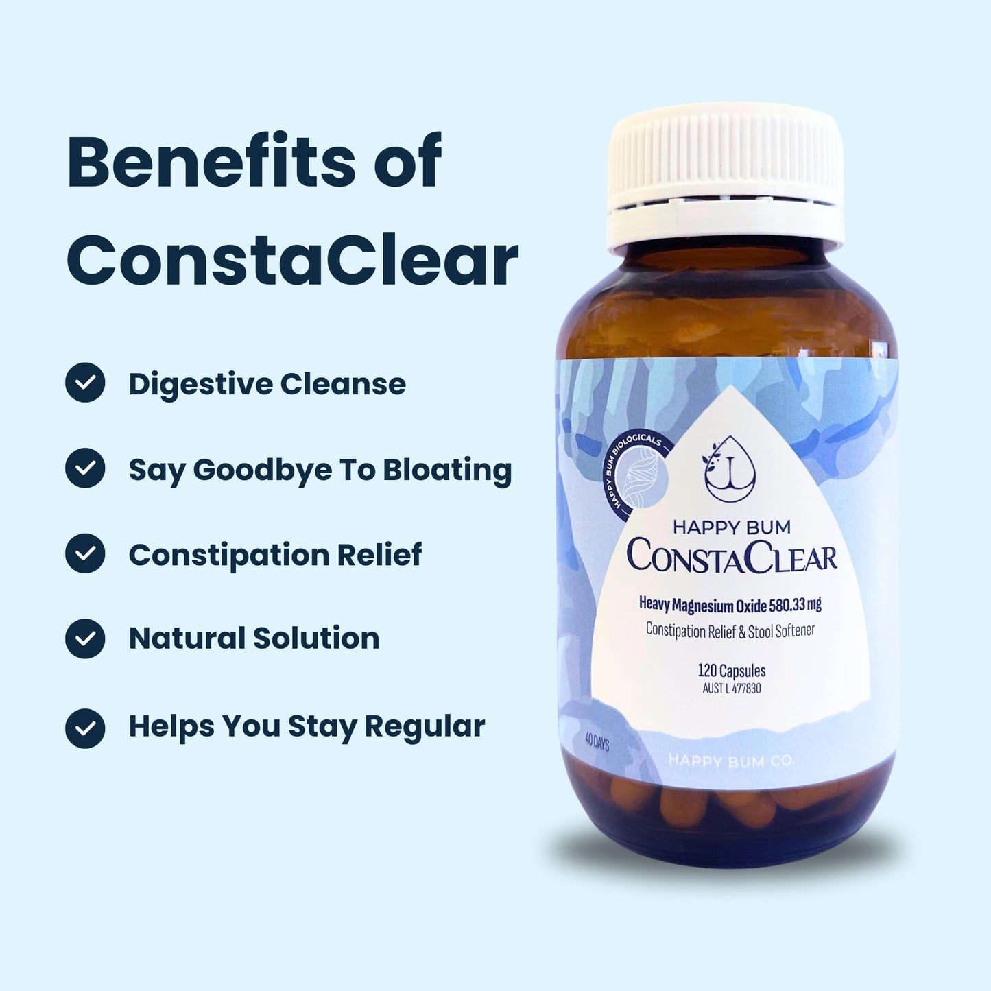 Happy Bum CostaClear for Constipation for Women and Men | Gentle Magnesium Constipation Relief & Colon Cleansing Support, Softens Stool, and Eases Bloating | 120 Capsules