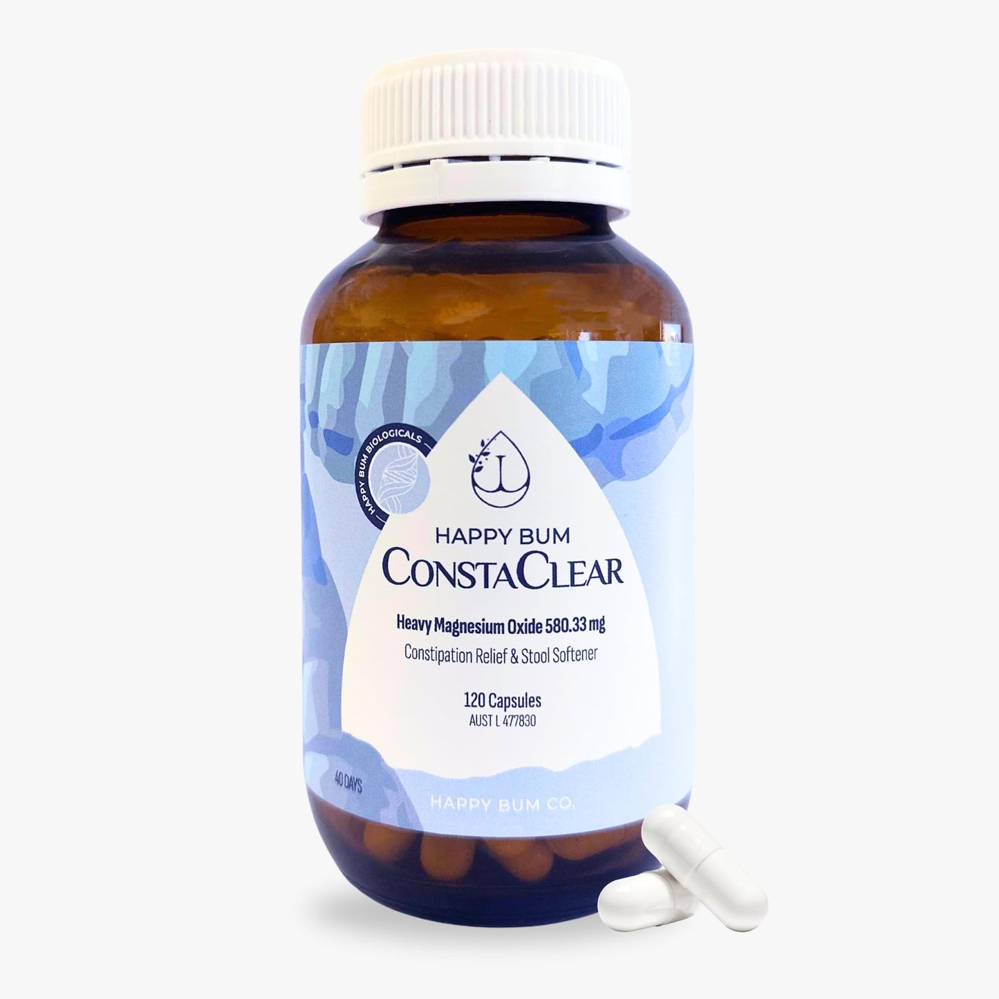 Happy Bum CostaClear for Constipation for Women and Men | Gentle Magnesium Constipation Relief & Colon Cleansing Support, Softens Stool, and Eases Bloating | 120 Capsules
