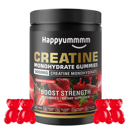 Happyummmm Creatine Monohydrate Gummies 2.5g per Gummy - Strawberry 90 ct | Vegan, Gluten-Free, Non-GMO