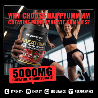 Happyummmm Creatine Monohydrate Gummies 2.5g per Gummy - Strawberry 90 ct | Vegan, Gluten-Free, Non-GMO