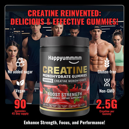 Happyummmm Creatine Monohydrate Gummies 2.5g per Gummy - Strawberry 90 ct | Vegan, Gluten-Free, Non-GMO